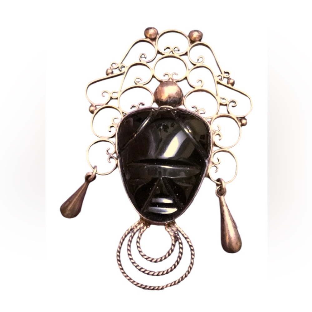VTG sterling silver Aztec black onyx brooch LG